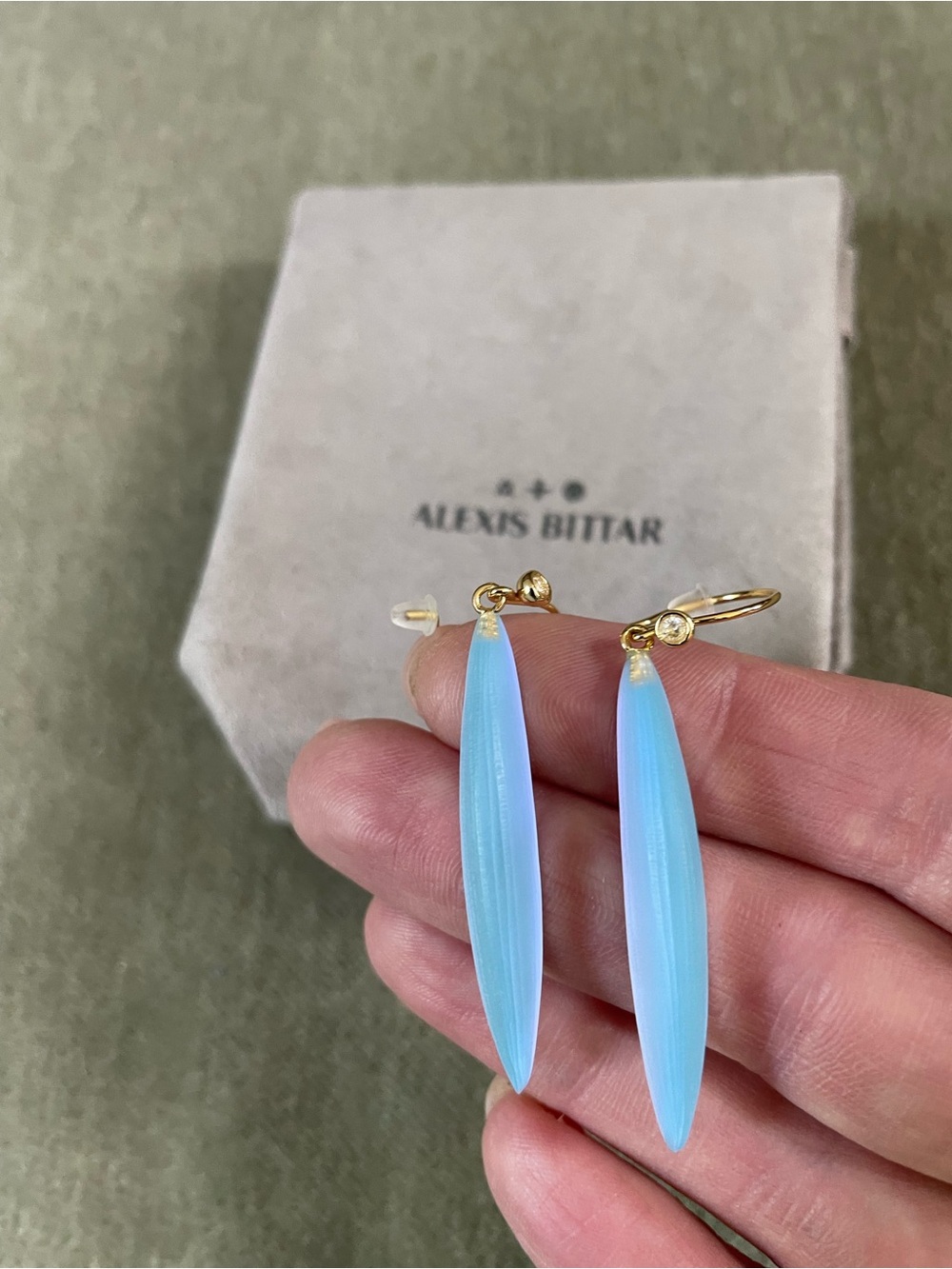 Alexis Bittar Sky Blue Opalescent Elongated Drop Lucite Earrings